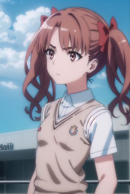 kurokoshirai, <lora:kuroko shirai s3-lora-nochekaiser:1>,
kuroko shirai, brown hair, long hair, (parted bangs:1.5), (brown eyes:1.7), ringlets, twintails, hair bow, bow, red bow, (small breasts:1.2),
BREAK armband, black skirt, collared shirt, dress shirt, pleated skirt, safety pin, school uniform, shirt, short sleeves, skirt, summer uniform, sweater vest, tokiwadai school uniform, twintails, white shirt, (brown sweater vest:1.5),
BREAK outdoor, city, sky, sun, clouds,
BREAK looking at viewer, (cowboy shot:1.5),
BREAK <lyco:GoodHands-beta2:1>, (masterpiece:1.2), best quality, high resolution, unity 8k wallpaper, (illustration:0.8), (beautiful detailed eyes:1.6), extremely detailed face, perfect lighting, extremely detailed CG, (perfect hands, perfect anatomy),