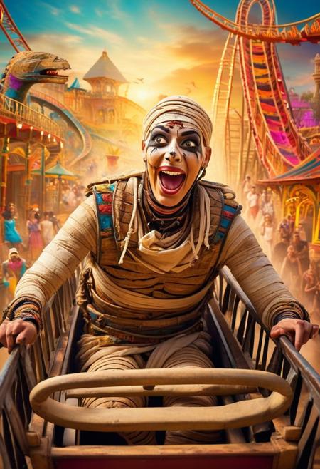 A hilarious and playful scene of an ((ancient mummy)) enjoying a thrilling roller coaster ride. The mummy, wrapped in tattered bandages, is shown grinning and holding on for dear life. The roller coaster is bright and colorful, with twisting tracks and loops that create a sense of excitement. The background shows a bustling amusement park, filled with screaming riders and various attractions, giving off an eerie yet entertaining atmosphere.