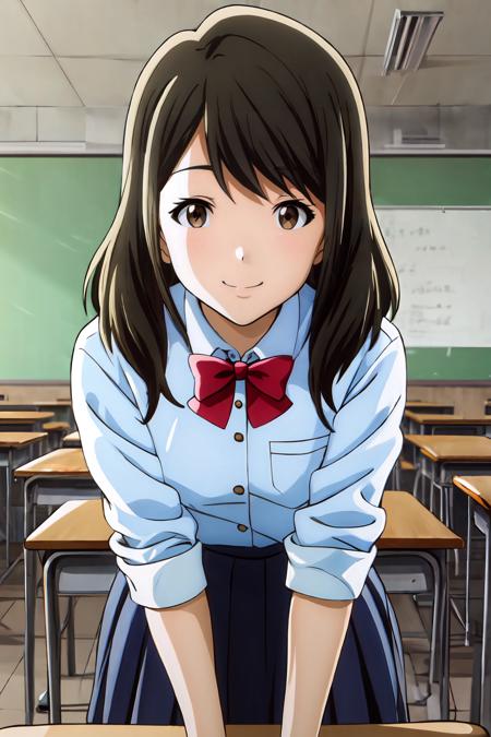 (masterpiece, best quality:1.2), highres, anime screencap, anime coloring, 1girl, solo, smile, 
Akane_Mizuno_V1, black hair, brown hair, medium hair, bangs, brown eyes, 
school uniform, white shirt, collared shirt, sleeves rolled up, red bow, blue skirt, pleated skirt, white socks, black loafers, 
indoors, school, classroom, looking at viewer, facing viewer, 
<lora:add_detail_CyberAlchemist:0.4>, <lora:GoodHands-beta2:0.8>, <lora:AkaneMizunoV1-000010:0.9>