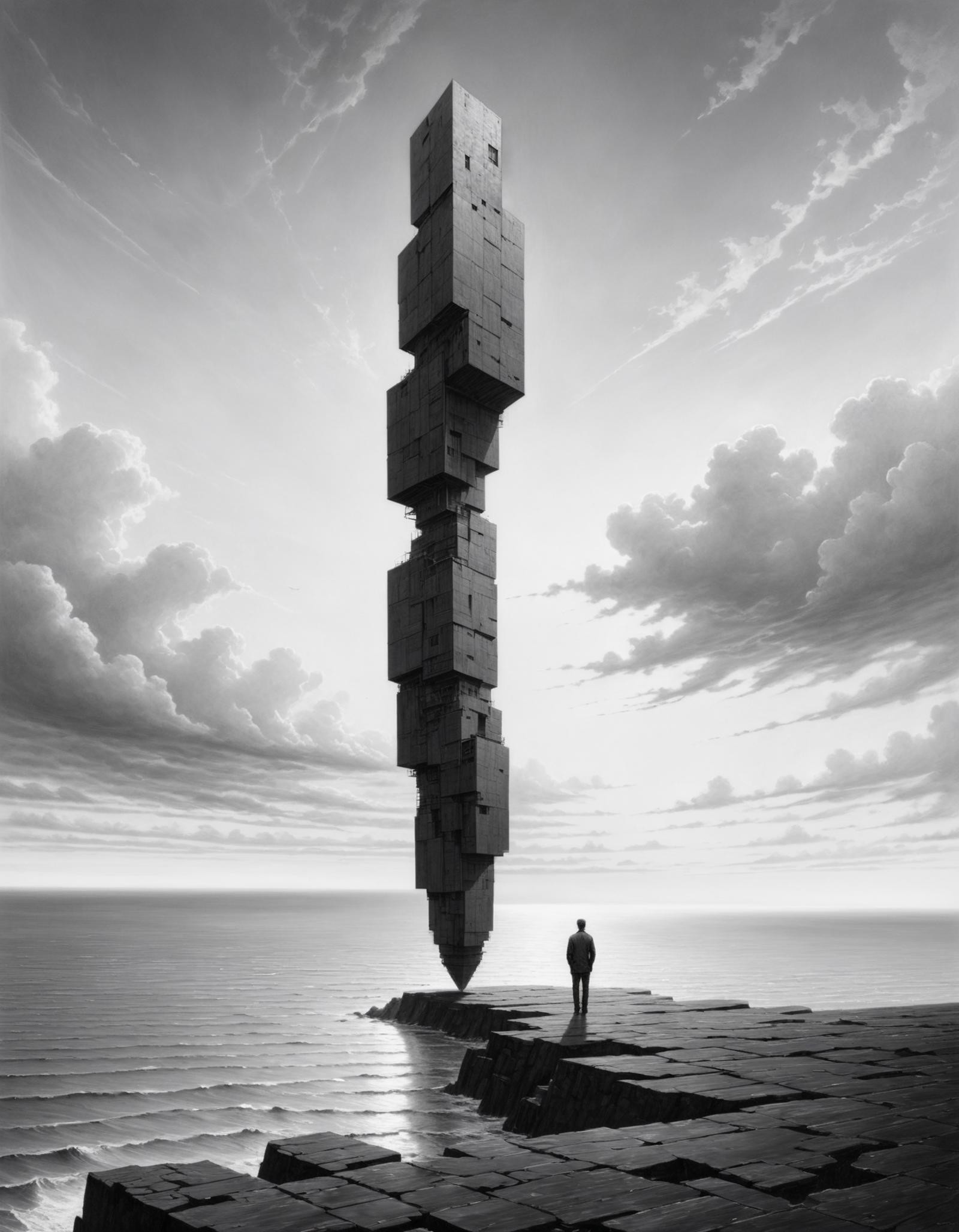 A person standing in front of a very tall stack of blocks or cubes near the ocean.