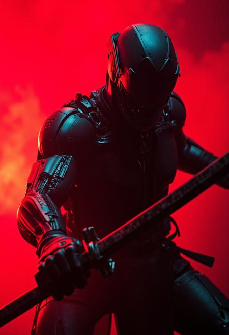UNI_SCI_FI_CORE closeup portrait photo of an Elysium Robot Cyborg Samurai, macro, a captivating vibrant dark capturing the essence of a cyborg Bedouin sorcerer in fight stance, Kneeling infront of japanese shire. ethereal, smoky backdrop. throwing a translucent red/tanslucent amber/black, weapon, katana, holding katana, atmospheric haze, Film grain, cinematic film still,  (eerie, mysterious, liminal fog, ethereal wisps), (triangle, geometric shapes, abstract geometric gradients) : 4]. low contrast, depth of field, blurry, bokeh, grainy texture, (holographic colors:1.2), spooky, a mesmerizing blend of light and shadow. high quality, 4k, 8k, masterpiece, two tone cinematic lighting <lora:DonMB01dD4rkXL:0.8>,