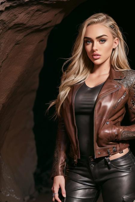 photo of S134_TiaunaRiley, a gorgeous woman, in a (cave:1.2), wearing a (leather-jacket:1.2) and (cargo-pants:1.2), (8k, RAW photo, best quality, depth of field, ultra high res:1.2), (absurdres, intricate, photorealistic, masterpiece, ultra-detailed:1.3)