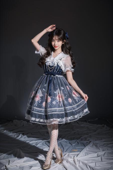 best quality, masterpiece, photorealistic, 1girl, solo, full body, standing, long black straight hair, blunt bangs, looking at viewer, smile, cyb dress, high heels, white thighhighs, arm up, simple background, <lora:beautiful_dress_collection_vol1_style1:0.7>