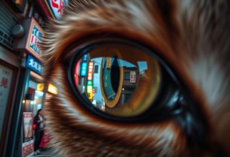 extreme close up portrait of a cat's eye reflecting the a futuristic Tokyo alleyway with neon signs and people standing talking,