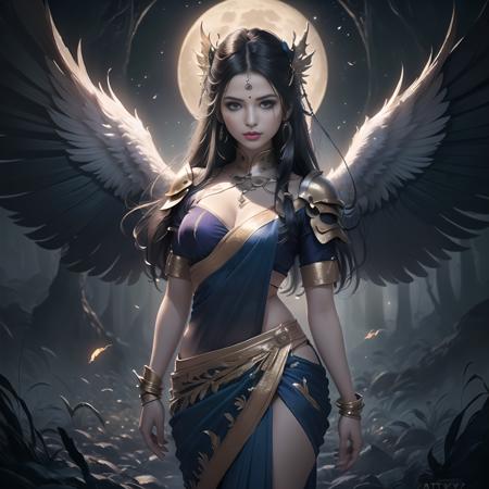 ((best quality)), ((masterpiece)), (detailed), woman standing before Moon in the Forest, (((dark night,nightgown, night))),((fate/stay night, ))((back lit, dark mood, blue tone)) (Artstation contest winner:1.1), (fantasy art:1.3), (portrait armored saree  girl:1.2),(((Long feathered wings)))<lyco:indiaSareeEarly_early:0.1>(Peter Mohrbacher:1.1), (unreal engine:1.1), , spiked metal armor, (dynamic composition:1.3), (8k resolution:1.2) , indian women wareing saree,  <lora:beautifuleyeslikeness_halfBody:0.5>