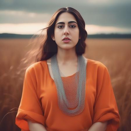 ((SaraAliKhan)) , photograph, Unappealing (Girl:1.2) , wearing [Sparse:Organic:8] Fiberglass electric orange Chain mail, Trendy hair, Tender The English Countryside in background, Clear skies, Ultrarealistic, Remodernism, film grain, Nikon d3300, Low shutter, Polychromatic, adobe lightroom, art by Brooke Shaden,  <lora:SaraAliKhanSDXL:1>