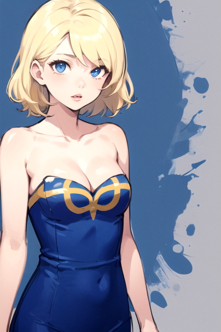 SisterSweden, 1girl, solo, short hair, blue eyes, blonde hair, medium breasts, blue dress, cleavage, bare shoulders, lips, strapless, short dress, sleeveless 