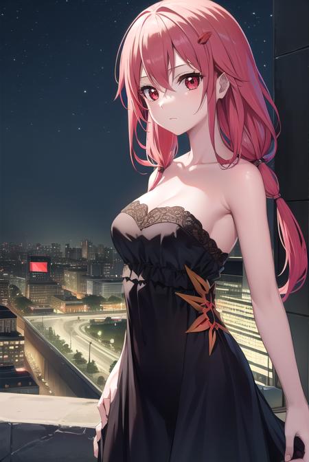inori yuzuriha, hair ornament, hairclip, long hair, pink hair, (red eyes:1.5), twintails, bare shoulders, black thighhighs, center opening, cleavage, detached sleeves, elbow gloves, fingerless gloves, gloves, navel, thighhighs, dress, red dress, black dress, dress, strapless, strapless dress,