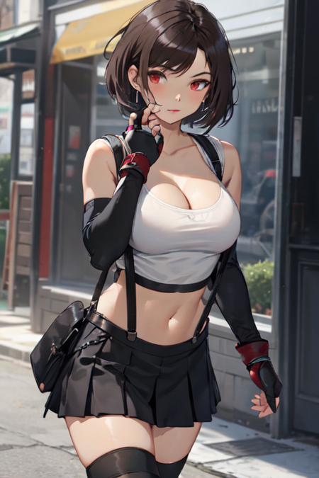 ShortHairTifa, 1girl, solo, short hair, large breasts, brown hair, red eyes, black gloves, navel, cleavage, bare shoulders, jewelry, collarbone, pleated skirt, elbow gloves, midriff, black thighhighs, miniskirt, fingerless gloves, black skirt, white tank top, skindentation, swept bangs, suspenders, suspender skirt, taut clothes, dangle earrings