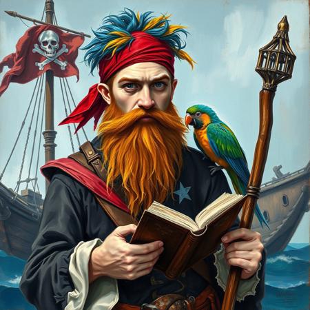 Oil painting rendered in a loose, impressionistic style with thick, expressive brush strokes. Full body portrait of a young pirate wizard. His outfit is a mish mash of wizard-like and pirate clothes. He wears a red bandana and has a long ginger beard. He has big white eyebrows. His hair is a mixture of colors: blue, red, yellow, green. He holds a book and a wizard's staff. The background shows a pirate ship with a pirate flag. On his shoulder sits a colorful parrot.
