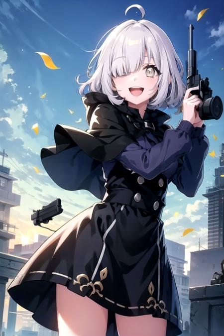 <lora:Elsie-02:0.7>,Elsied4, looking at viewer, smile, open mouth,  long sleeves, dress, holding, blue hair, weapon, ahoge, grey hair, holding weapon, hair over one eye, gun, capelet,  holding gun, handgun, one eye covered, revolver