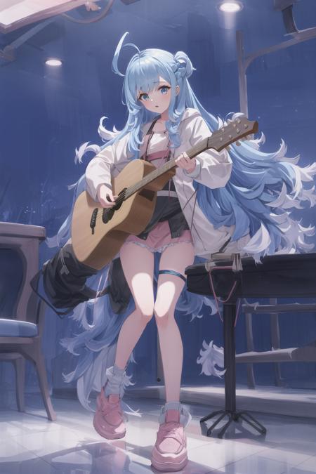 1girl, flat chest, blue hair, long hair, blue eyes, kobo, kanaeru, bar background, indoors, ahoge, white hair tips, full body at full size, pink lighting, guitar, playing on guitar, night, pink light, pink room, night club, electro guitar, electric guitar, mic, microphone, sings, sing a song