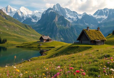 Ultra realism, high quality, high resolution 8K and above, stable and accurate focus, ultra correct anatomy, super detail. A beautiful mountain scene with tall snow-capped peaks reflected in a crystal clear lake. In the foreground are green meadows dotted with wild flowers of various colors. Included in the landscape are houses built of stone and wood, architecturally designed to blend in with nature. The roofs of the houses are covered with thick grass and flowers
