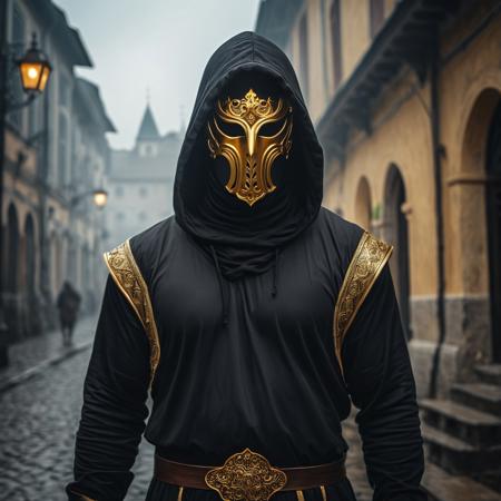 Man, black tunic, black hood, golden mask, mysterious, epic, masterpiece, cinematic lighting, cinematic film grain, movie scene, cloudy day, old city scenario, half body portrait, 8k