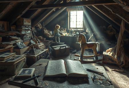 Dusty Attic Retreat
Taken with a Phase One XF IQ4 150MP, the scene emphasizes soft-focus effects and natural light leaks creating a beautifully haunting atmosphere.
Forgotten boxes, faded photographs, and childhood keepsakes are piled carelessly among dusty beams. An open journal, its brittle pages filled with handwriting, rests on a makeshift desk beneath scattered pens and dusty reading glasses. A childhood rocking horse stands abandoned, casting long shadows under diffused sunlight. The attic air, thick with dust and nostalgia, evokes quiet reflection. Old suitcases, vintage garments draped loosely, and a cracked porcelain doll further enhance the melancholy charm of this hidden refuge.