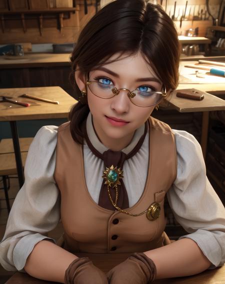 eugenie, brown hair,  low ponytail,  blue eyes,  glasses,  light smile, 
shirt,bolo tie,  brown vest, brown gloves, jewelry,   looking at viewer, 
workshop, table, sitting, 
(insanely detailed, beautiful detailed face,beautiful detailed eyes, masterpiece, best quality),solo,
 <lora:eugenie:0.8>