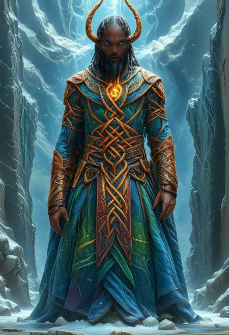 (((Liquid marble))), An epic, ultra-detailed scene of the mighty Bifrost Bridge arcing across a vast cosmic void, radiant with swirling rainbow hues and shimmering celestial patterns. At the bridge’s far end, Heimdall stands vigilant, his ornate Viking armor etched with intricate Nordic runes and Celtic knotwork. He grips the legendary Gjallarhorn and towers before Asgard’s golden gates, his posture regal and unyielding. Behind him, colossal statues of Norse gods loom over distant snowy peaks, lit by the auroras dancing across a twilight sky. Fine, painterly details bring out the textures of carved stone, braided leather, and the gleaming metalwork on Heimdall’s armor. A sense of awe and mythic grandeur pervades the scene, as if capturing a moment suspended between realms and sagas untold.