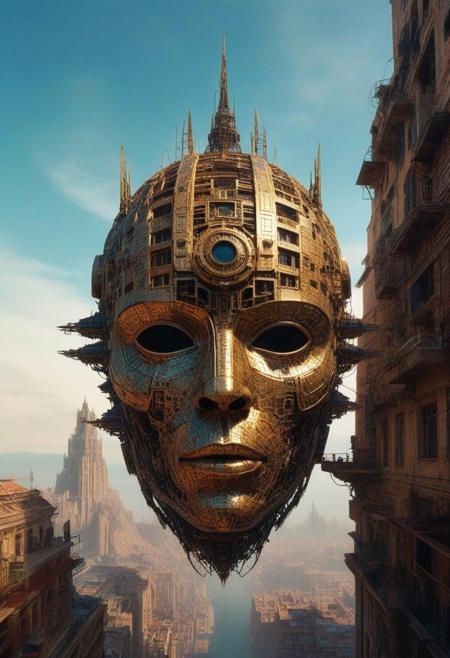 Visualize a futuristic mask, geometry and digital artwork by Beksinski, symbolizing online community in the style of incorporate elements that evoke a sense of magic, building with a large spaceship complex, elegant, expansive, fantastical, film photography style, heavy grain