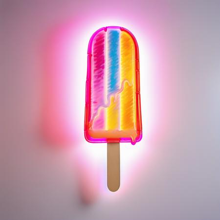 painting wita neon popsicle depicted in bright, vivid neon colors that radiate with an interior light. The details of the popsicle, such as its layered texture and color gradients, should be visible through the lighting effect, freshness, deliciousness