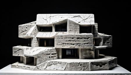 RAW photo, studio shot of an architecture physical model, futuristic building design by Kengo Kuma, concrete mono material, carve textures, ((super minimal style)), carved out, super detailed, diffused studio rim lighting, professional photography, black background, <lora:xl_more_art-full_v1:0.8> <lora:FormFinder-XL_v2:0.63>