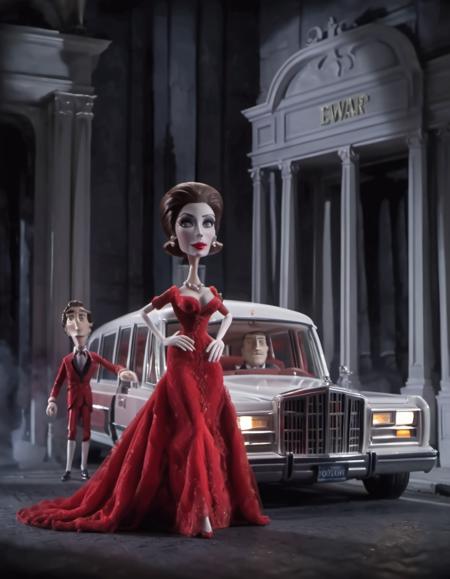 stopmotion, Pretty Woman: Vivian in a red dress, Edward and Vivian in a white limo. <lora:STOPMO_1.12_RC:0.9>