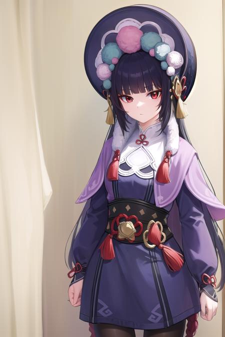 yunjin, <lora:yunjin-lora-nochekaiser:1>,
yun jin, black hair, blunt bangs, braid, eyeshadow, long hair, makeup, purple hair, (red eyes:1.5), red eyeshadow, (small breasts:1.2),
BREAK black footwear, boots, chinese clothes, fur trim, hat, knee boots, long sleeves, pantyhose, pom pom (clothes), purple pantyhose,
BREAK indoors, theater,
BREAK looking at viewer, (cowboy shot:1.5), upper body,
BREAK <lyco:GoodHands-beta2:1>, (masterpiece:1.2), best quality, high resolution, unity 8k wallpaper, (illustration:0.8), (beautiful detailed eyes:1.6), extremely detailed face, perfect lighting, extremely detailed CG, (perfect hands, perfect anatomy),