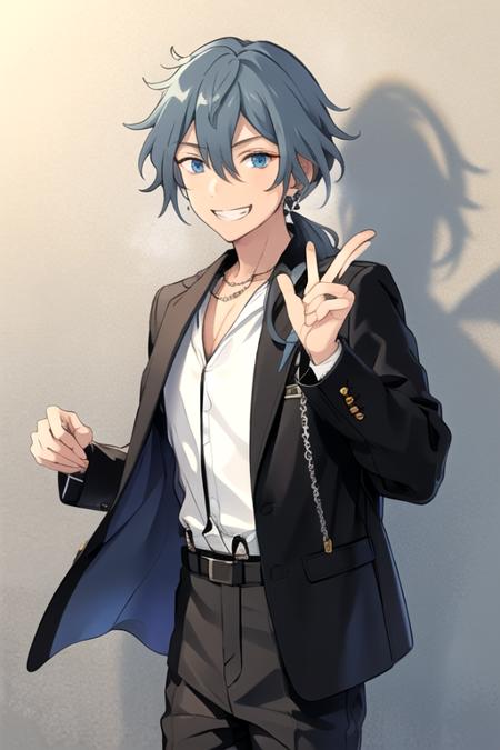 <lora:NikiShiina-08:0.7> ,niki, solo, long hair, looking at viewer, smile, blue eyes, shirt, long sleeves, 1boy, hair between eyes, jewelry, blue hair, jacket, white shirt, ponytail, male focus, earrings, belt, pants, necklace, grin, black jacket, black pants, suspenders