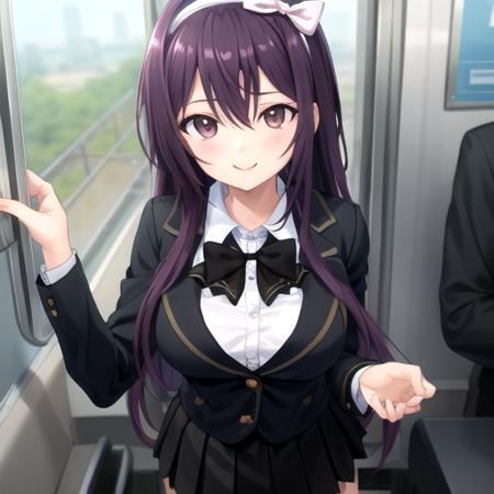 ((masterpiece)),(best quality),official art,extremely detailed CG,unity 8k wallpaper,ultra detailed,train interior,1girl,solo,upper body,looking at viewer,very long hair,hair between eyes,large breasts,white shirt,collared shirt,dress shirt,black skirt,miniskirt,pleated skirt,zettai ryouiki,smile,black jacket,school uniform,purple hair,hairband,brown eyes,hair bow,black bow,black bowtie,black thighhighs,loafers,long sleeves,bangs,<lora:Amase Manami(cur)>,