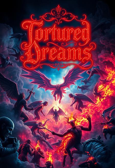A vivid color digital art piece with unearthed glow and subsurface scattering of neon colors,  depicting the dreams of a schizophrenic, chaotic,  surreal image, featuring angels and demons fighting over lost souls, etheral mist and smoke, brimstone and fire,  and the overall feeling of parinoia,written above the main focus of the image blood red elegant filigree and calligraphy lettering are the words "Tortured Dreams"