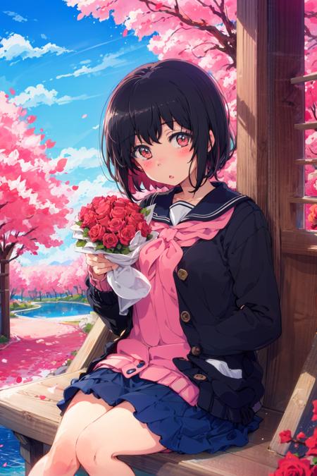 pote, school uniform, skirt, flower, black hair, blush, sailor collar, looking at viewer, solo focus, red eyes, serafuku, pink flower, pleated skirt, outdoors, rose, blurry, day, bangs, black skirt, bouquet, cardigan, tree, parted lips, white flower, sky, pink rose, blurry background, depth of field, cherry blossoms, red neckerchief, black sailor collar, neckerchief, multiple girls, red flower, long sleeves, petals, black cardigan, :o, blue sky, cloud, sitting, 1girl, red rose, short hair, white rose<lora:pote:1.1>