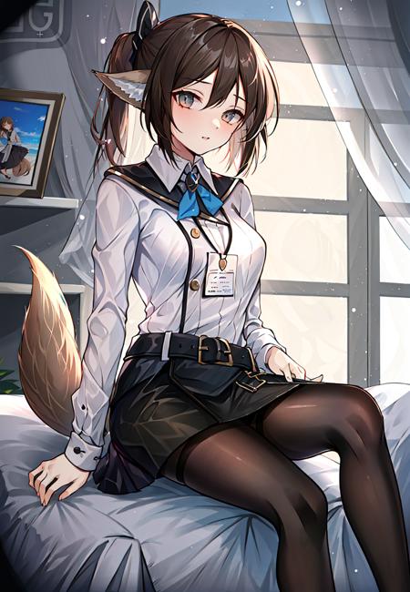 ((masterpiece,best quality)), highres, 1girl,  perfumer sp, white shirt, black skirt, black pantyhose, fox tail,