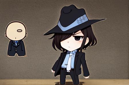 <lora:Jigen1:0.75>, 1boy, Jigen Daisuke, beard, fedora, hat, black hair, white necktie, blue shirt, black jacket, hidden eyes, (Chibi:1.4), chibi expression