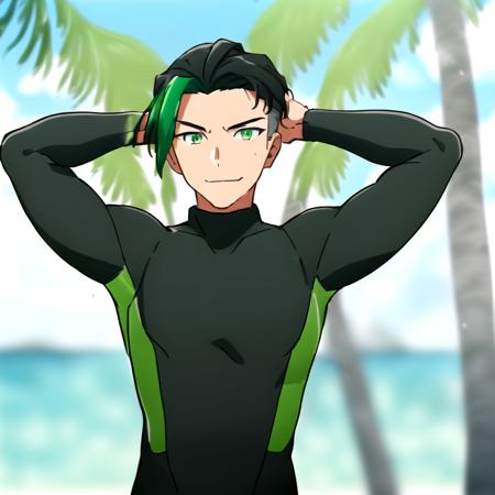 (((1boy, solo focus, muscular male))), (((black and white bodysuit, green wetsuit))), facing viewer, looking at viewer, black hair, green dyed bangs, hair slicked back, soichiro william mori <lora:Soichiro_William_Mori:0.6> , standing, beach, white waist, (((((arms behind head))))), coconut tree, (close-up), smirk, wet, wet hair, sweat,