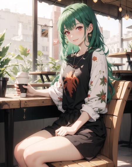 masterpiece, high quality, highres, absurdres, ((1girl)), green hair, ((red eyes)), freckless, long hair,pony,  green eyes, fantasy, dark ambiente, ((casual clothes)), sitting in a coffee shop,  (half body), smile dark clothes, glimmer, glitter, chistyle, style, chi, detailchi, sepia, art, ((mosaic)), jellyfishfores,  <lora:GoodHands-beta2 (1):1.5>,