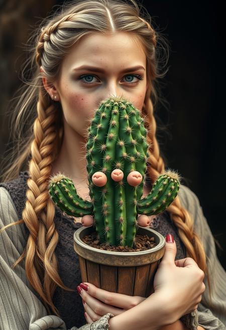 realistic photography of a cute cactus plant with face in the arms of a french women with blonde hair, freckles face, braids, medieval style