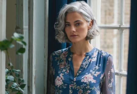 BloomCore, intimate bedroom portrait photo of european 30 y.o  woman, Grey hair,  perfect natural face, no makeup,natural body, natural skin, georgian windows, [floral print], 8k uhd, high quality <lora:add-detail-xl:1>  <lora:BloomCore:0.9>