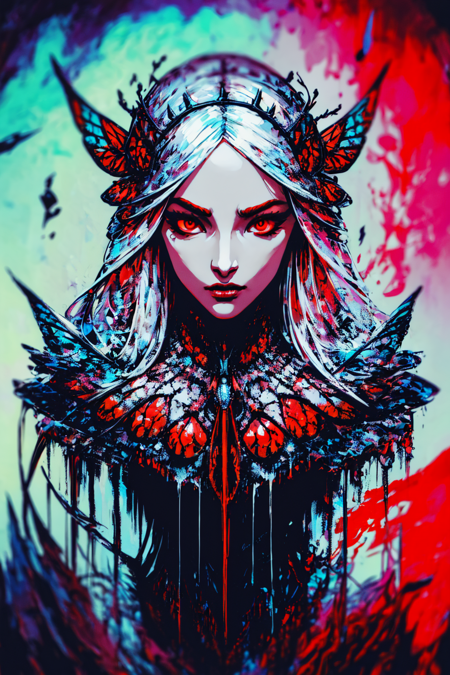 Ambilight, masterpiece, ultra-high quality,( ultra detailed original illustration), Perfil Portrait of a beautiful Girl, Upper body, Crown of Bones, ((Evil Fashion)), (Red Eyes:1.5, Double exposure, fussion of fluid abstract art, Glitch, 2D),(Gothic Oiginal illustration composition),( fusion of limited color, Fractal Geometric, butterflies, Comic art) <lora:Minijisn-03:1>  <lora:Moommst-01:1>