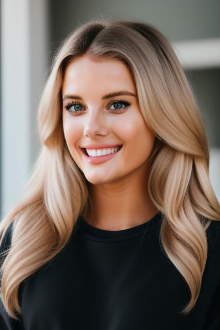 lindsaymariebrewerlora wearing a black sweatshirt and blue jeans, looking at viewer, smiling, standing, full body shot, (high detailed skin:1.2), 8k uhd, dslr, soft lighting, high quality, film grain, Fujifilm XT3 <lora:lindsaymariebrewerlora:1>