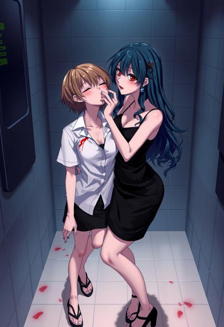 create an anime image of 2girls, vampire girl is biting innocent college student at dimmed lighting toilet, near midnight, { vampire girl, she has vampire fangs, dark blue hair, long wavy hair, pale skin over body and red glowing eyes, is biting neck with blood,  she wears earrings, black spaghetti straps pencil mini dress, sleeveless dress and black high heels}, {while unconscious college student girl, she has light brown hair, short hair, layered cut, parted bangs, unconscious, (closed eyes), she has bite mark from bitten on neck, bleeding from neck, she wear white short sleeves collared shirt, (untucked shirt), (exposed black lace bra),  black skirt, pencil skirt and sandals}