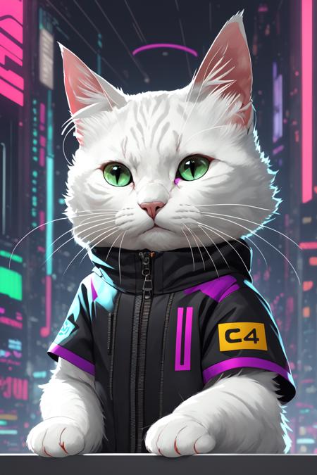 <lora:c4ttitudev2-000003:0.8> c4ttitude, white cat, cyberpunk