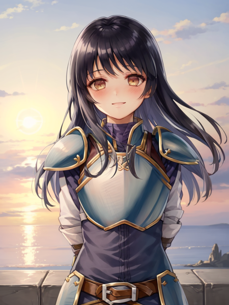 <lora:Astrid_FE-10:1>, astrid fe, 1girl, solo, long hair, gloves, belt, pants, fingerless gloves, armor, shoulder armor, pauldrons, breastplate, white pants, sunset, (upper body:1.2), soft smile, blush, good girl, (arms behind back:1.3)