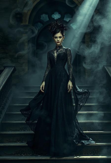 A woman with an air of regality and slight menace stands on the steps leading to what appears as if it were once a grand, opulent manor house now in decay. The setting is shrouded by thick swirling mist that seems almost alive—like remnants from another time. Her black lace gown flows dramatically around her form—as though caught between light and shadow—a single beam of dramatic lighting filters through an arched window above casting long shadows on the stone steps with intricate gothic carvings. She wears a complex headpiece adorned in dark velvet that enhances both beauty and unsettling presence. This image is inspired by Kentaro Miura’s visual storytelling—both elegant yet haunting—with cinematic depth, high detail rendering at 8k resolution*
