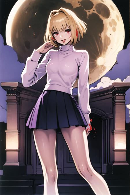 arcueid brunestud, 1girl, red eyes, long skirt, blood, blonde hair, sweater, skirt, moon, solo, short hair, full moon, purple skirt, turtleneck, pantyhose, tongue, <lora:Yasuda akira:0.8>