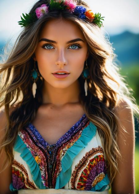 1girl, supermodel hippy, Elastic High Waist Pleated Ruffle Flowy Long Floral Print Boho Maxi Skirt, sexy, perfect eyes, highly detailed beautiful expressive eyes, detailed eyes, 35mm photograph, film, bokeh, professional, 4k, highly detailed dynamic lighting, photorealistic, 8k, raw, rich, intricate details, key visual, vivid colors