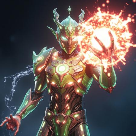 Masterpiece, a thallium/humanoid, 32k, 16k, 8k, cinematic art, realistic art, detail, wearing neon thallium bioluminescence translucent armor, Spirit bomb like energy chromium/radium attack