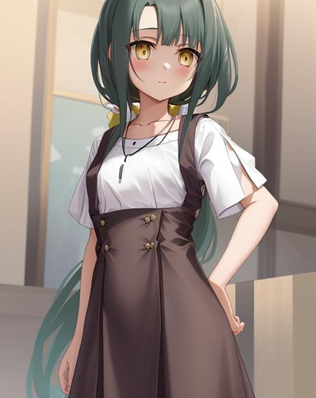 <lora:Yokote_Matsuri-10:0.8>,1girl, solo,shirt,dark green hair,dress, very long hair, yellow eyes, white shirt, short sleeves, necklace, pinafore dress,grey socks,