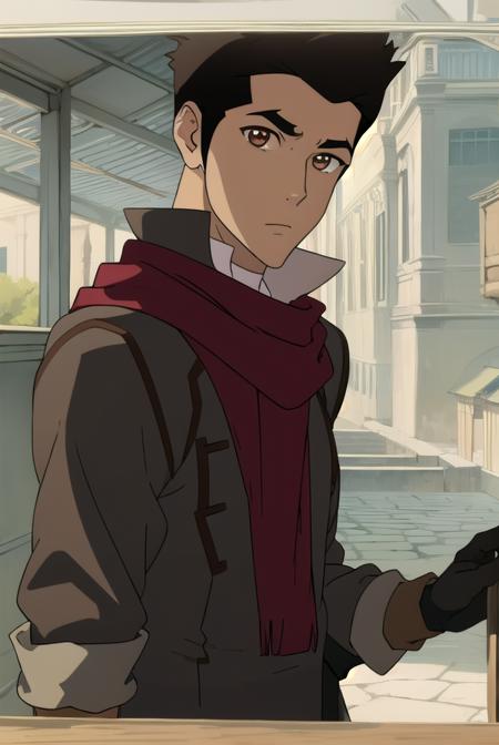 mako, 1boy, mature male, short hair, black hair, (brown eyes:1.5), jacket, red bodysuit, earrings, tank top, white tank top, gloves, scarf, sleeves rolled up, red scarf,