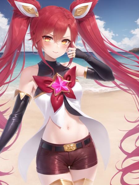 (beach:1.2), star guardian jinx, jinx \(league of legends\), star guardian \(league of legends\), league of legends, red neckwear, highres, 1girl, alternate costume, alternate hair color, alternate hairstyle, bare shoulders, belt, black gloves, black thighhighs, bow, elbow gloves, fingerless gloves, gloves, hair ornament, lipstick, long hair, magical girl, makeup, red bow, red eyes, red hair, red lips, short shorts, shorts, solo, thighhighs, twintails, very long hair, <lora:star_guardian_jinx-000027:1>