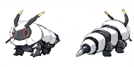 caterpillar wearing a knight helmet steeltype bugtype white background front and back pokemon