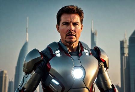 Focus on facial features such that the photo cannot be reject as AI generated. Cinematic  Masterpiece dynamic (cinematic shot:1.6) (Tom Cruise as Iron Man) action pose in [(Manhattan)|(Nano Tech Suit Test)] (face looking pursuit:1.4) in [__medium__:photograph:0.5]  and ( davinci_:0.5), shout , detailed eyes, detailed pupils, clean face BREAK <lora:epi_noiseoffset2:0.50>, clear sky with clouds, Dubai beach, explosion, hand gun , jet pack, Dusk, mythic, fable, legend, digital art , [ : <lora:add_detail:0.7>:0.10] , symmetry, hyper realistic, detailed, intricate, best quality, hyper detailed, ultra realistic, sharp focus, bokeh, HQ, 8K, high angle RAW photo shot on IMAX, film grain, masterpiece photographic art, (photo realistic:1.6), depth of field, rule of thirds